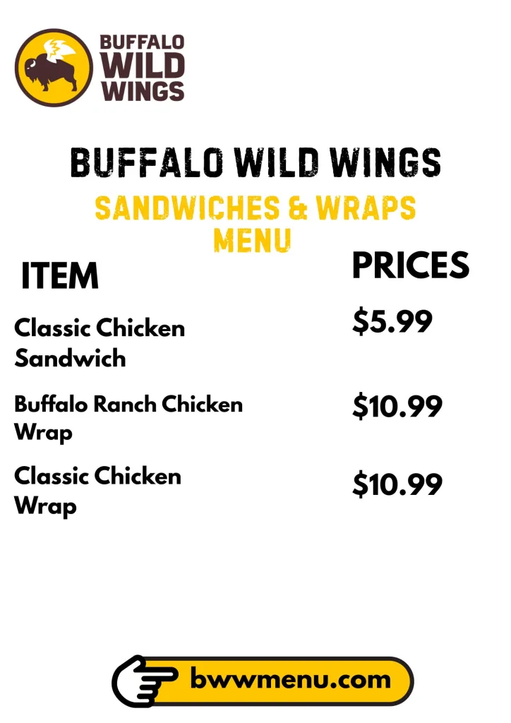 Buffalo Wild Wings Sandwiches & Wraps Menu Card 2025