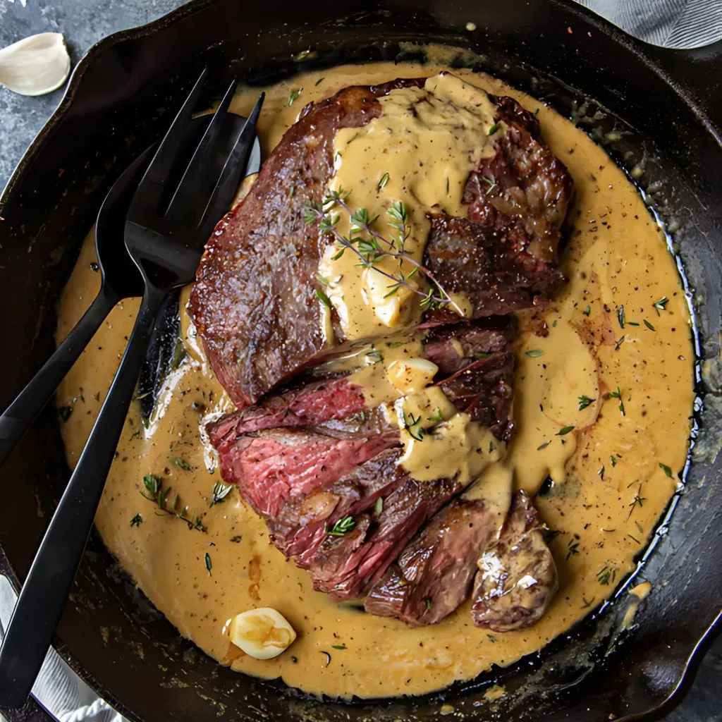 Cast Iron Bavette Steak With Whiskey Garlic Cream Sauce Recipe
