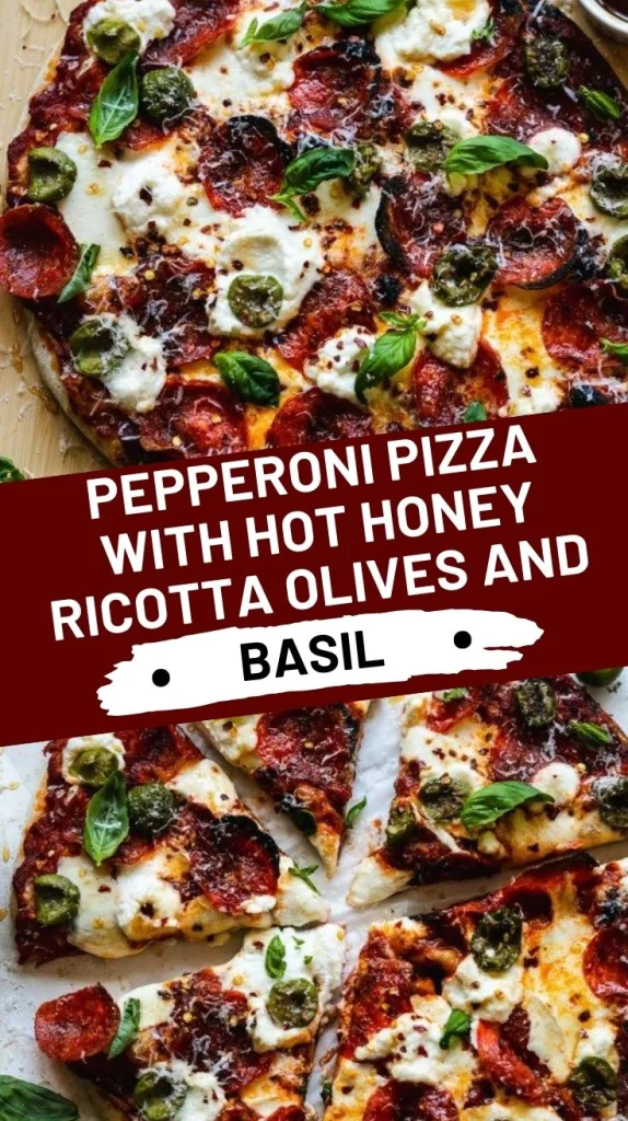 Pepperoni Pizza with Hot Honey Ricotta Olives and Basil