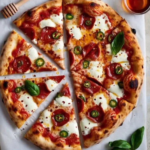 pepperoni pizza with hot honey ricotta olives and basil