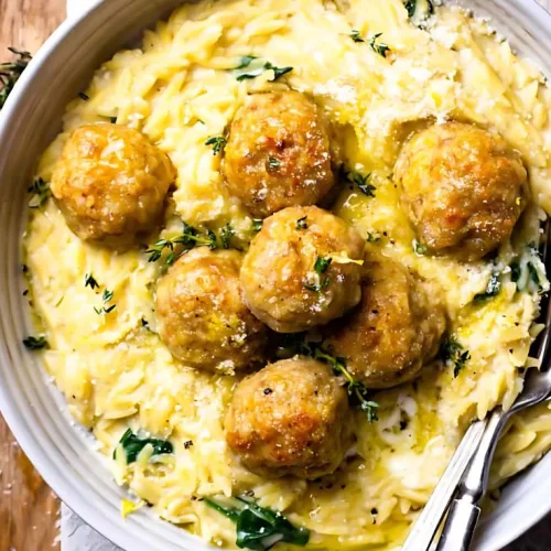 Baked Lemon Butter Chicken Meatballs with Creamy Spinach Orzo Recipe