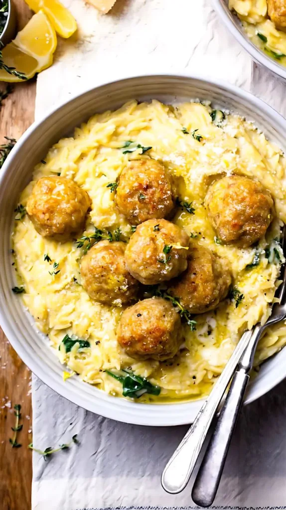 Baked Lemon Butter Chicken Meatballs with Creamy Spinach Orzo Recipe