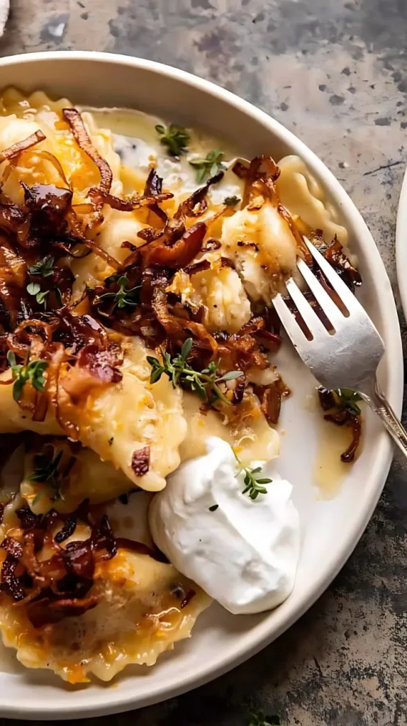 Cheddar Pierogies with Caramelized Onions and Bacon Recipe