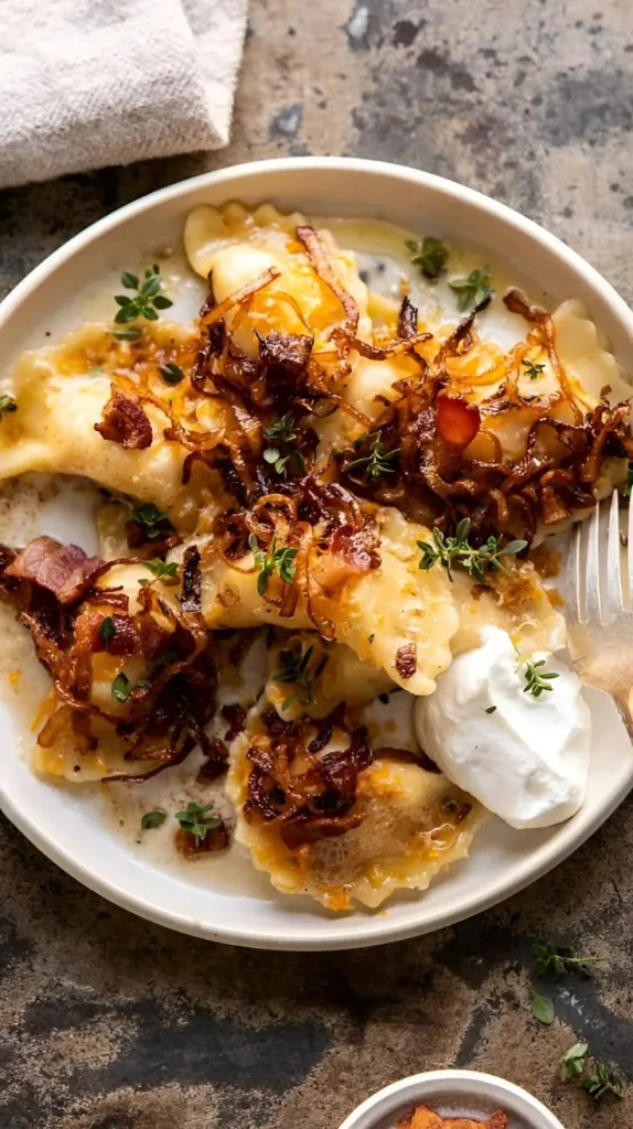 Cheddar Pierogies with Caramelized Onions and Bacon Recipe