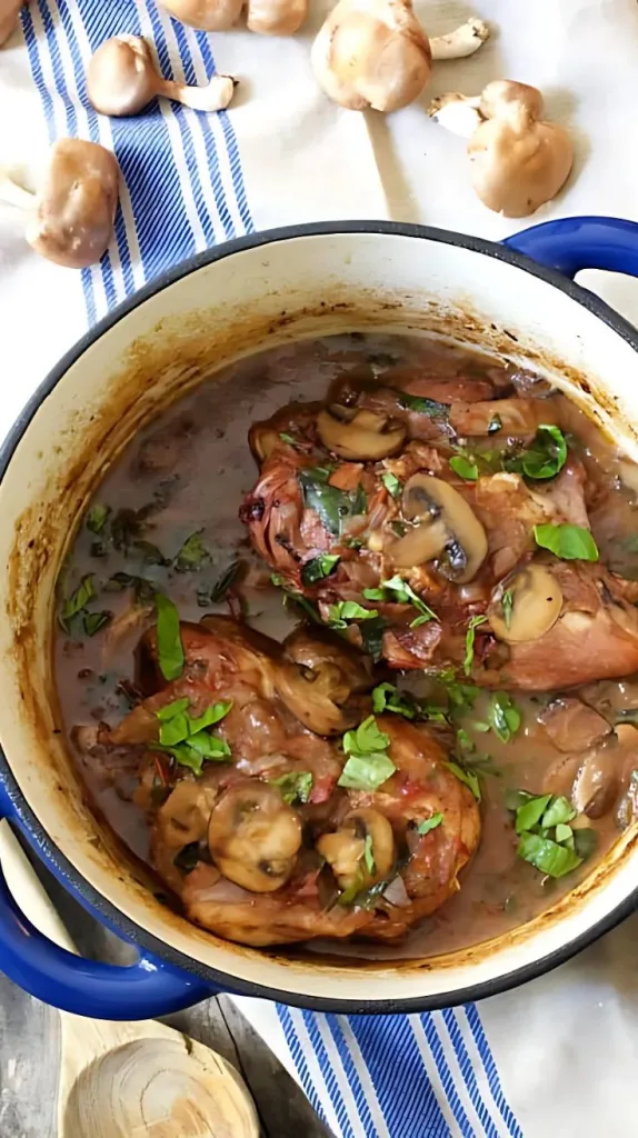 Chicken Pinot Noir with Wild Mushrooms and Fresh Basil