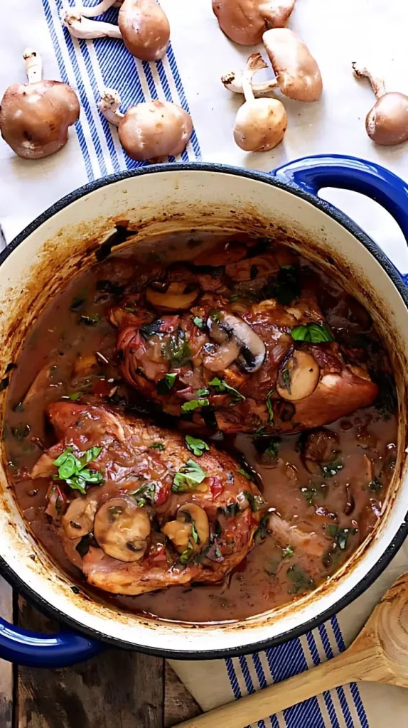 Chicken Pinot Noir with Wild Mushrooms and Fresh Basil