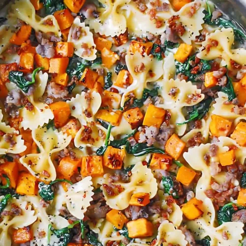 Creamy Roasted Butternut Squash Pasta with Sausage and Spinach