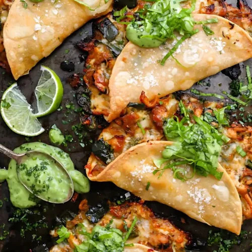 Crispy Poblano Chicken Tacos with Avocado Jalapeño Salsa