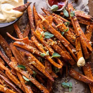 Garlic Parmesan Sweet Potato Fries with Spicy Aioli