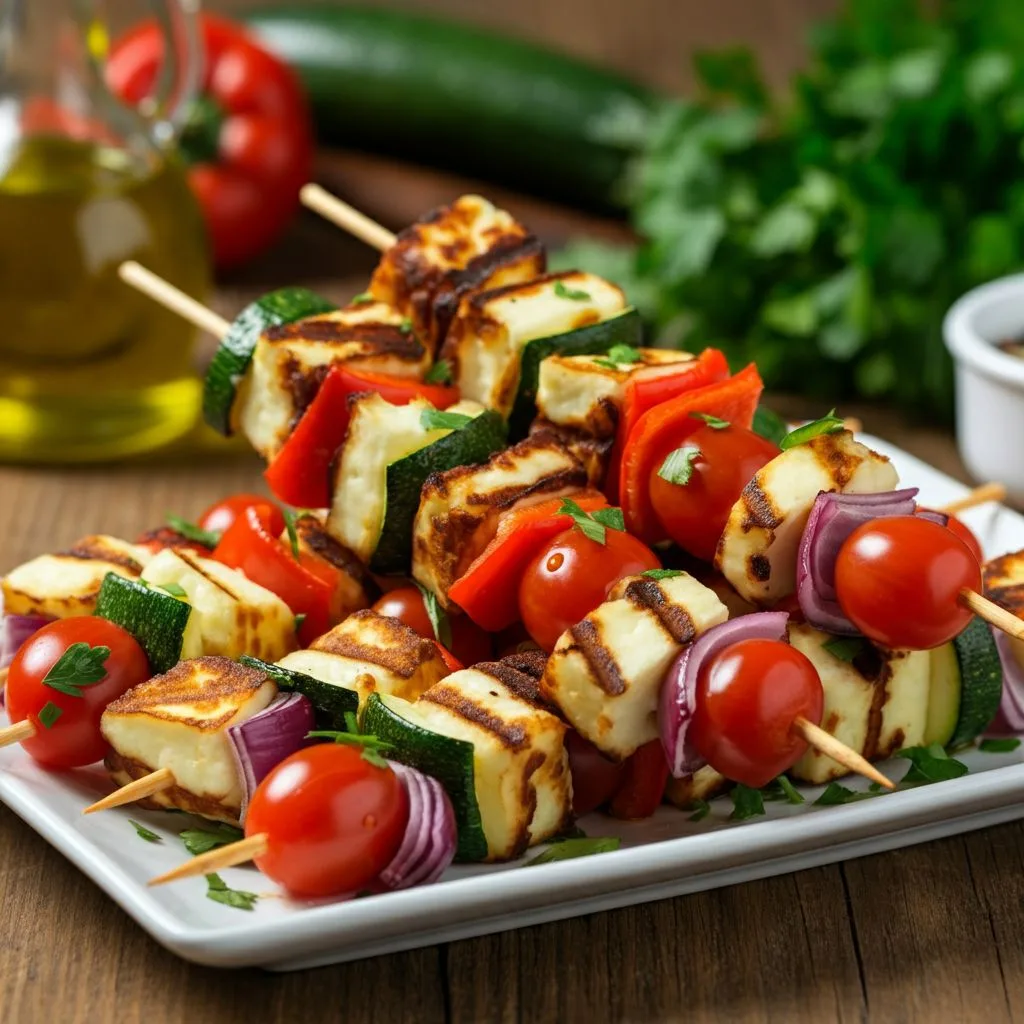 Grilled Halloumi and Veggie Kebabs