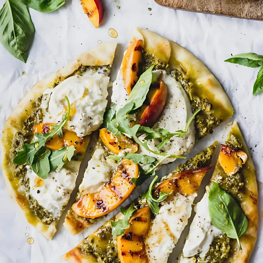 Grilled Peach, Pesto, and Burrata Flatbread
