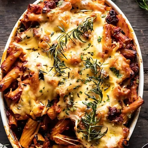 One Pot Spicy Pesto Cheese Baked Rigatoni Recipe