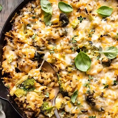 One Skillet Cheesy Broccoli Cheddar Orzo Bake Recipe