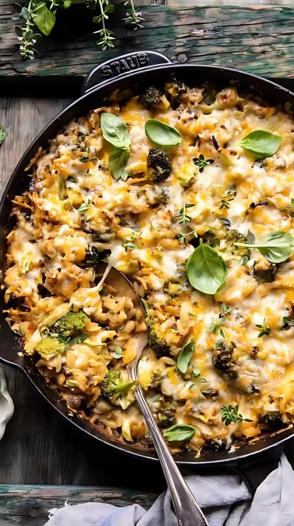 One Skillet Cheesy Broccoli Cheddar Orzo Bake Recipe