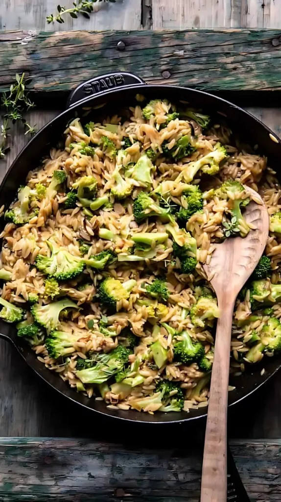 One Skillet Cheesy Broccoli Cheddar Orzo Bake Recipe