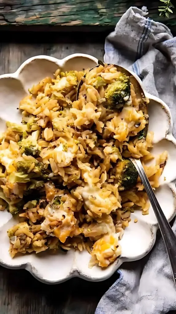 One Skillet Cheesy Broccoli Cheddar Orzo Bake Recipe