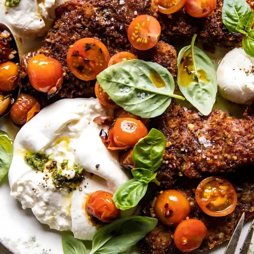 Pesto Chicken Saltimbocca with Burst Tomatoes and Burrata