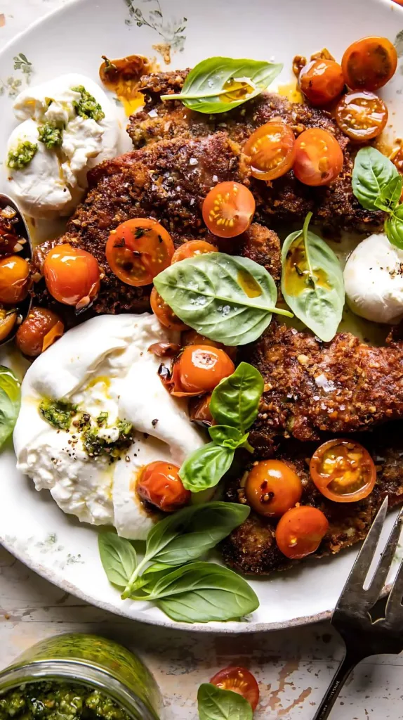 Pesto Chicken Saltimbocca with Burst Tomatoes and Burrata