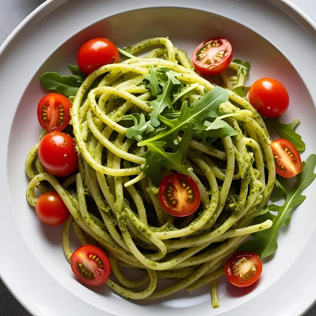 Pesto Pasta with Cherry Tomatoes and Arugula