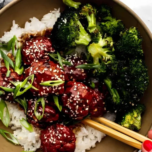Sticky Mongolian Meatballs and Broccoli