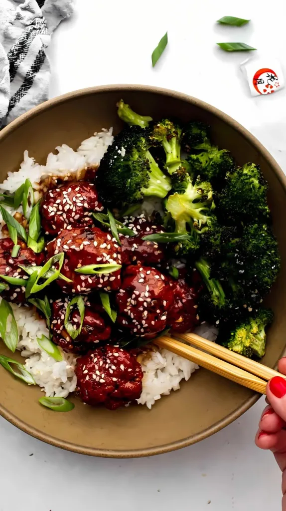 Sticky Mongolian Meatballs and Broccoli