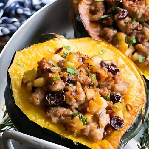 Stuffed Acorn Squash with Sausage, Apples, and Cranberries Recipe