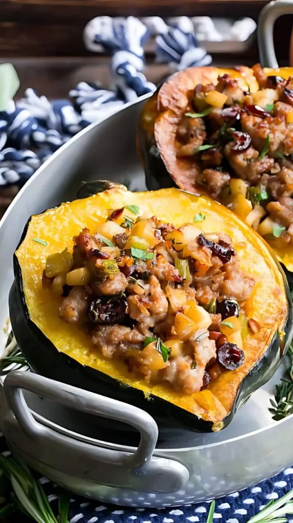 Stuffed Acorn Squash with Sausage, Apples, and Cranberries Recipe