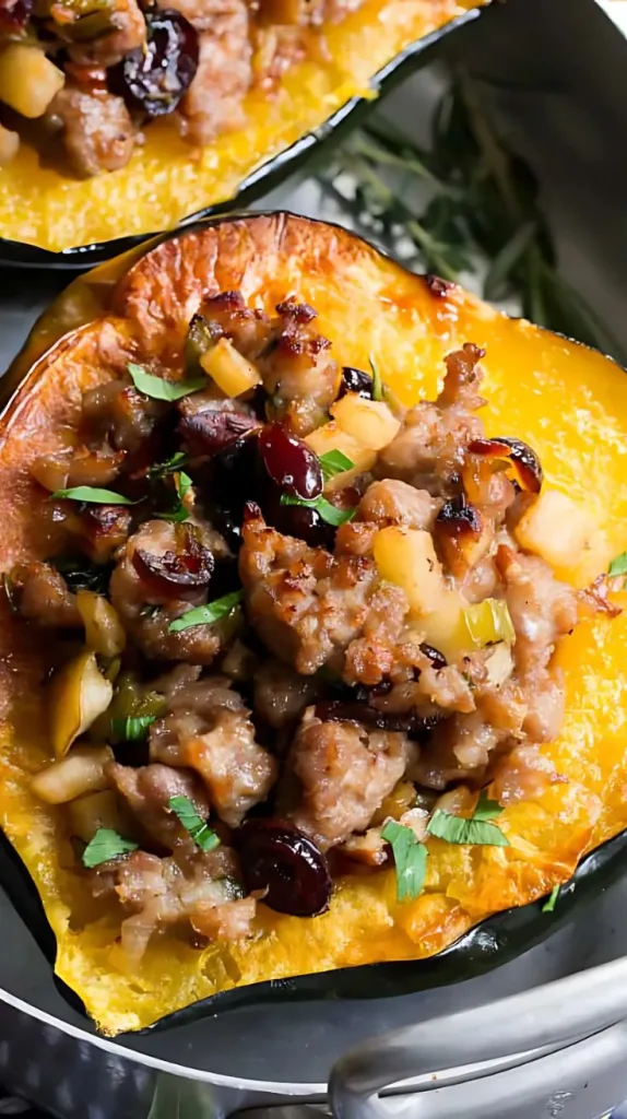 Stuffed Acorn Squash with Sausage, Apples, and Cranberries Recipe