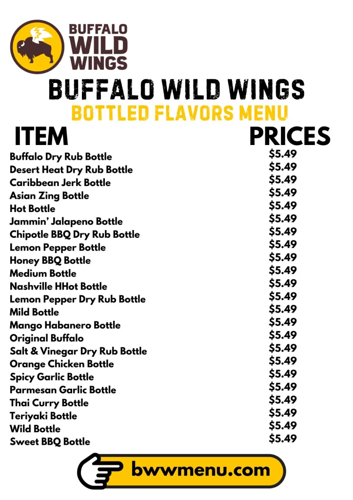 Buffalo Wild Wings Bottled Flavors Menu Card 2025