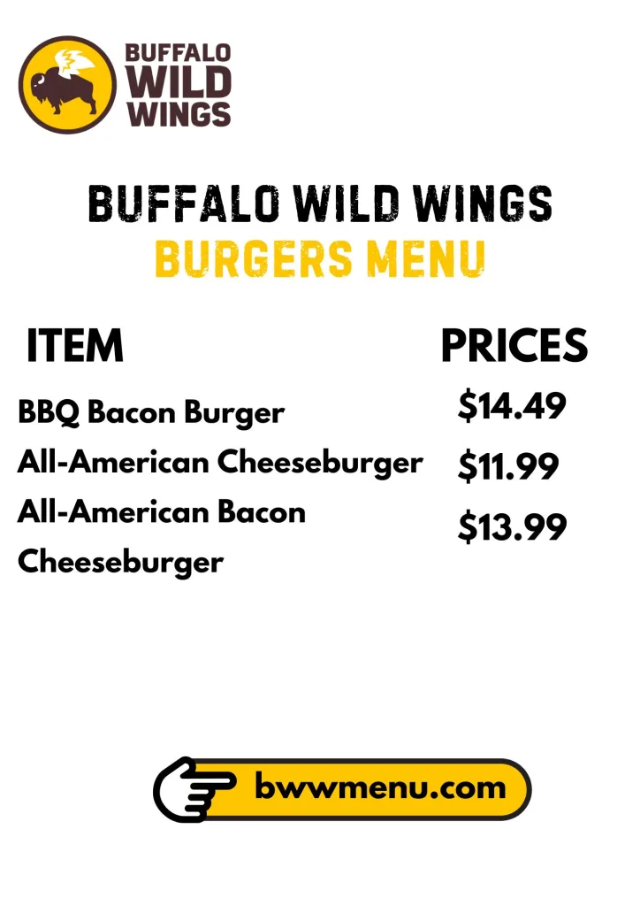 Buffalo Wild Wings Burgers Menu Card 2025