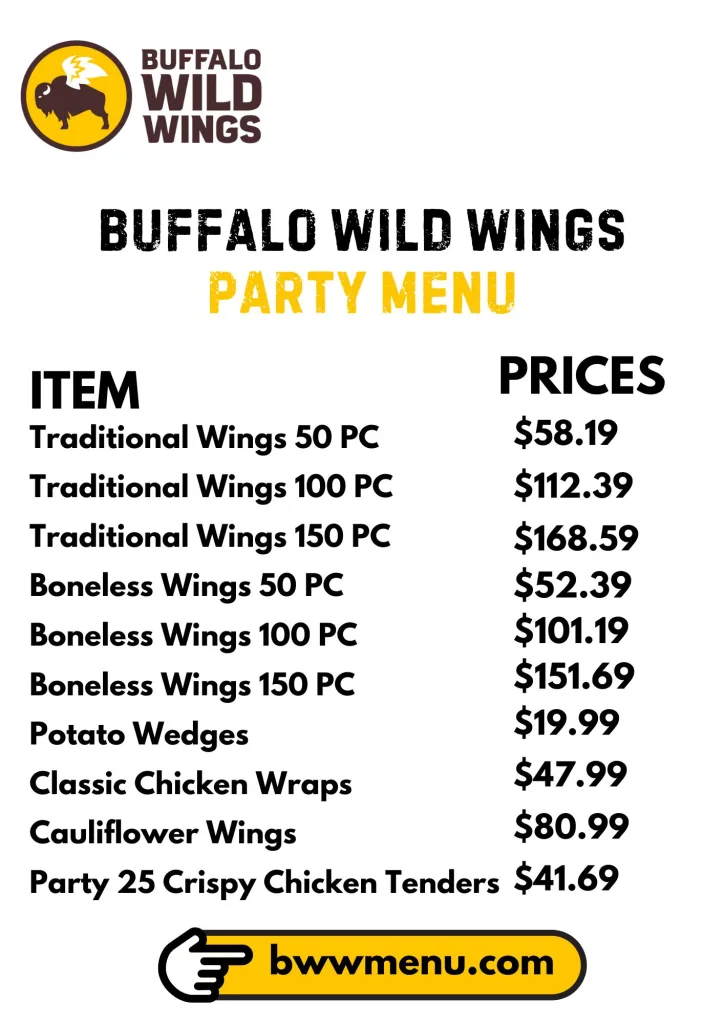 Buffalo Wild Wings Party Menu Card 2025